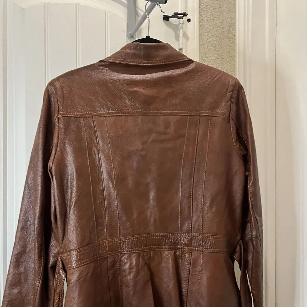 Women's Breton Brown Genuine Leather Western Button Belted Jacket Size L Boho